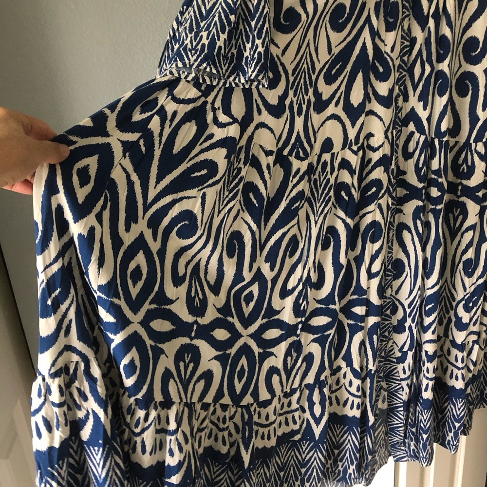 Blue and White Printed Midi Dress - Relaxed Tiered Silhouette